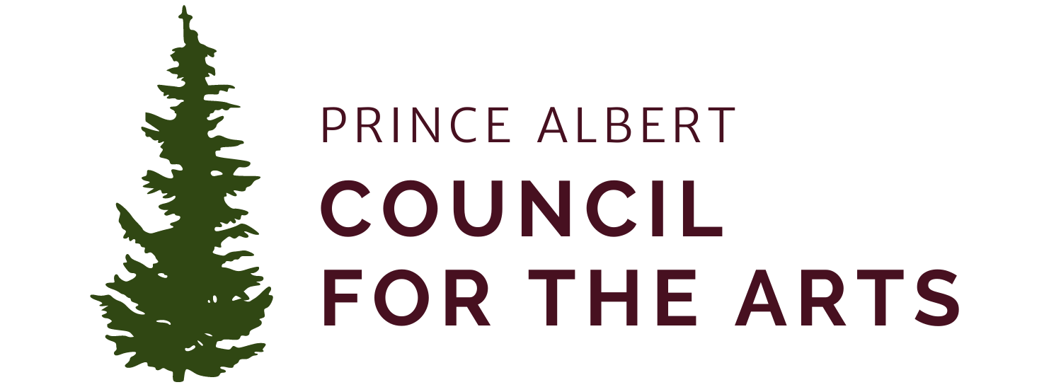 An evergreen tree on the left and the "Prince Albert Council for the Arts" text in burgunday on the right. 